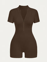 Women's Solid Color Half Zip Ribbed Knit Short Sleeve Romper Sports Soft Slim Fit Mock Neck Jumpsuit Streetwear 2025 Summer