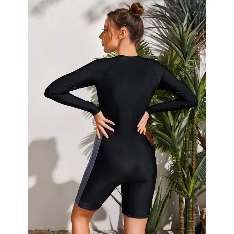2023 New One Piece Swimsuit Women Floral Long Sleeve Swimwear Zipper Surfing Monokini Push Up Body Suit Beachwear Bathing Suit