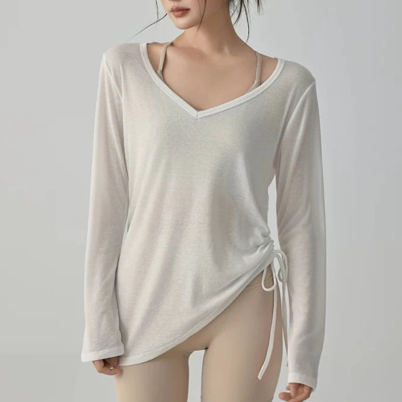 Women's Yoga Sports T-Shirt Drawstring Light Thin Loose Fit Irregular Hem Long Sleeve Fitness Cover Shirt