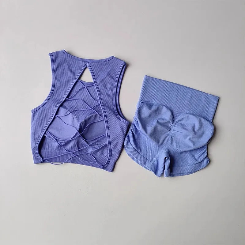 Women's Backless Cross Belt Sports Vest Yoga Exercise Fitness Suit Threaded Pleated Hip Lifting Shorts Set