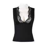 2026 Spring Summer New Arrival Elegant Sleeveless Women's Short Top Chic Fitted Lace-Panel Deep V-Neck Crop Tank Top Commute