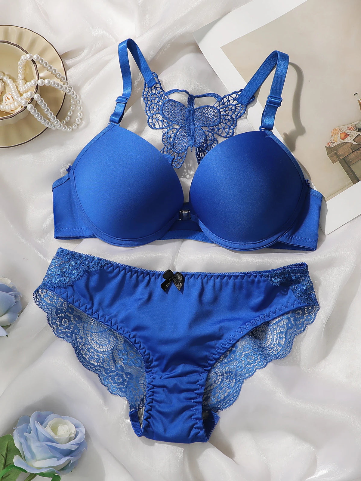 blue embroidery set 2-piece set of sexy Front button bra beautiful back butterfly fashion bra push up women's setA2120