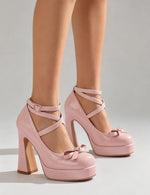 Big Size 45 Women's Sweet Pink Mary Jane 10.5cm High Heels Pumps Lolita Round Toe Bow Cross-Strap Platform Chunky Heel Shoes