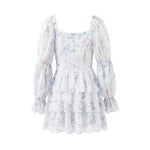 Sweet Long-sleeve Dress For Women Pleated Printed Short Women White Floral Print Mini Dress Long Puff Sleeve For Beach 96U3