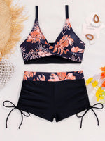 Women's Two-Piece Swimsuit Cross Strap Backless Bikini Floral Print Sports Fit Bodycon Polyester Fabric Swimming Water Sport