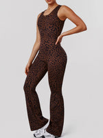 Sexy Brown Leopard Print Yoga Jumpsuit Women Hollow Out Backless Sleeveless Slim Gym Running One Piece Flare Pants Sports Suit
