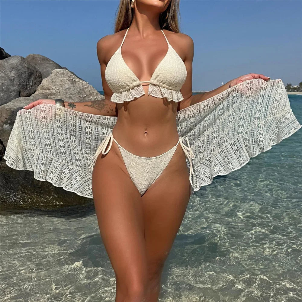 Halter String Triangle 3 Piece Bikini Set Beige Lace Mesh Sexy Swimsuit Women 2026 Cover Up Swimwear Bathing Suit Bikinis Dames