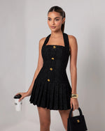 Temperament Elegant Women's Halter Neck Dress Solid Color Braid Fabric Pleated Short Dresses Socialite Commuting Style Vestidos