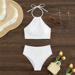 Sexy White High Waisted Bikini Set Women Ribbed Swimwear Push Up Swimsuit Halter Backless Crop Top Back Hollow Out Bathing Suit