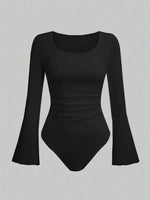Women's Solid Color Ruffle Hem Flare Long Sleeve Bodysuit Autumn Winter 2024 Round Neck Plain Ruched Slim Fit Romper Top