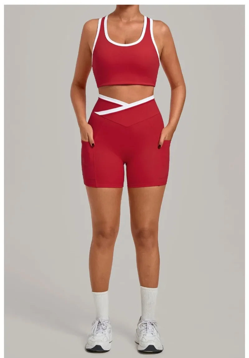 Women's Seamless Yoga Sets Sports Fitness High Waist Hip-lifting Shorts Back Beauty Sleeveless Suits Gym Training Workout Sets