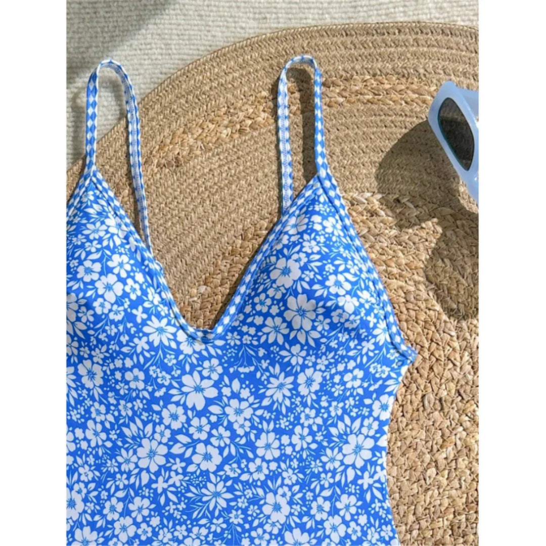 S - XL Flower Floral V Neck One Piece Swimsuit Women Swimwear Female Monikini High Cut Leg Padded Bather Bathing Suit Swim V8079