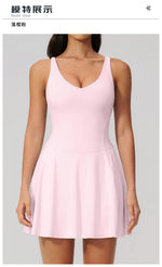 Bodycon Tennis Dress with Shorts Pocket Women Speed Dry Sleeveless V Neck One Piece Sport Outfit Short Dress Fitness Yoga Set