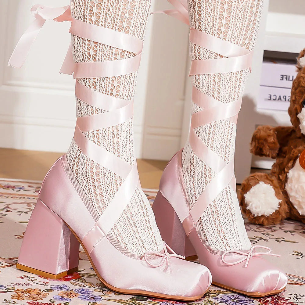 2026 Big Size 43 Cute Red Lolita Ankle Wrap Pumps Sweet 9cm Square High Heels Gothic Cosplay Ballet Style Mary Janes Shoes Women