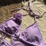 Sexy 3D Flower String Halter Bikinis 2025 Women Swimsuit Cover Ups Lace-up Thong Swimwear Beach Wear Bather 3 Piece Bikini Set