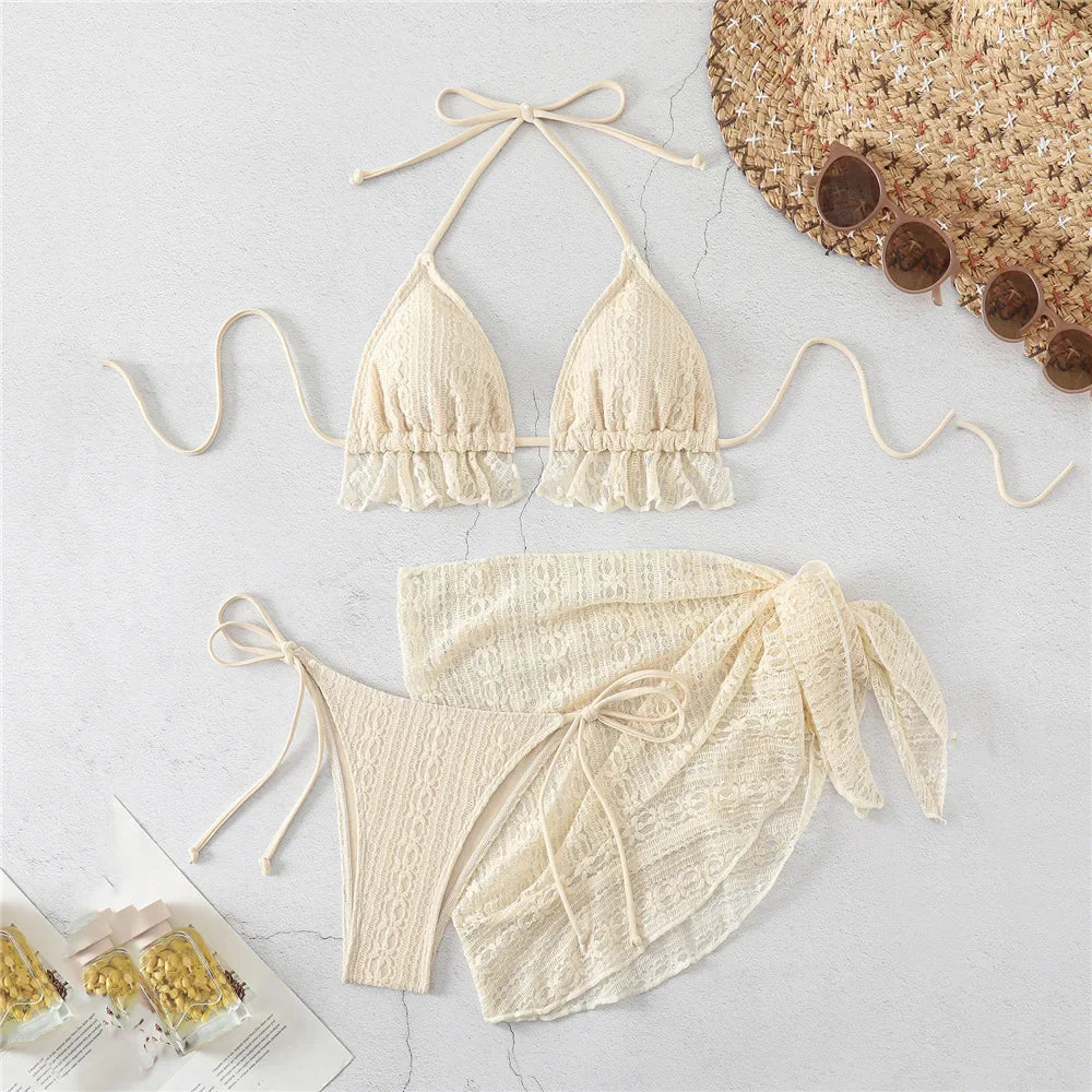 Halter String Triangle 3 Piece Bikini Set Beige Lace Mesh Sexy Swimsuit Women 2026 Cover Up Swimwear Bathing Suit Bikinis Dames