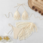Halter String Triangle 3 Piece Bikini Set Beige Lace Mesh Sexy Swimsuit Women 2026 Cover Up Swimwear Bathing Suit Bikinis Dames