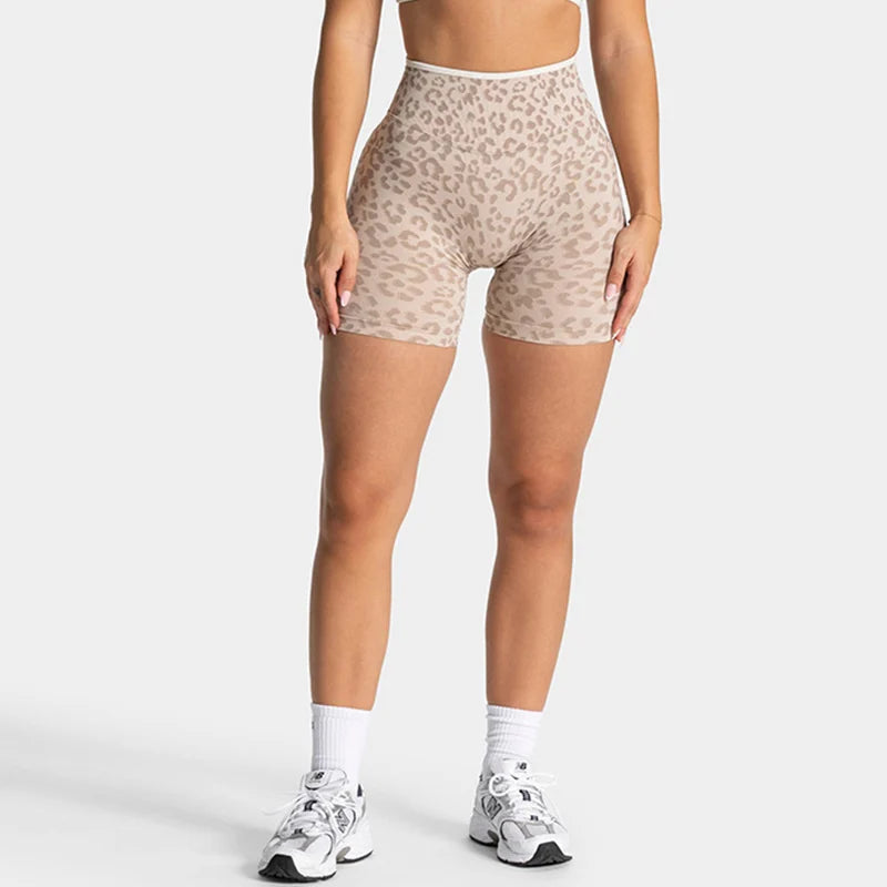 Leopard Print Gym Shorts Women Seamless High Waist Scrunch Butt Lifting Yoga Shorts Workout Running Fitness Tummy Control Shorts