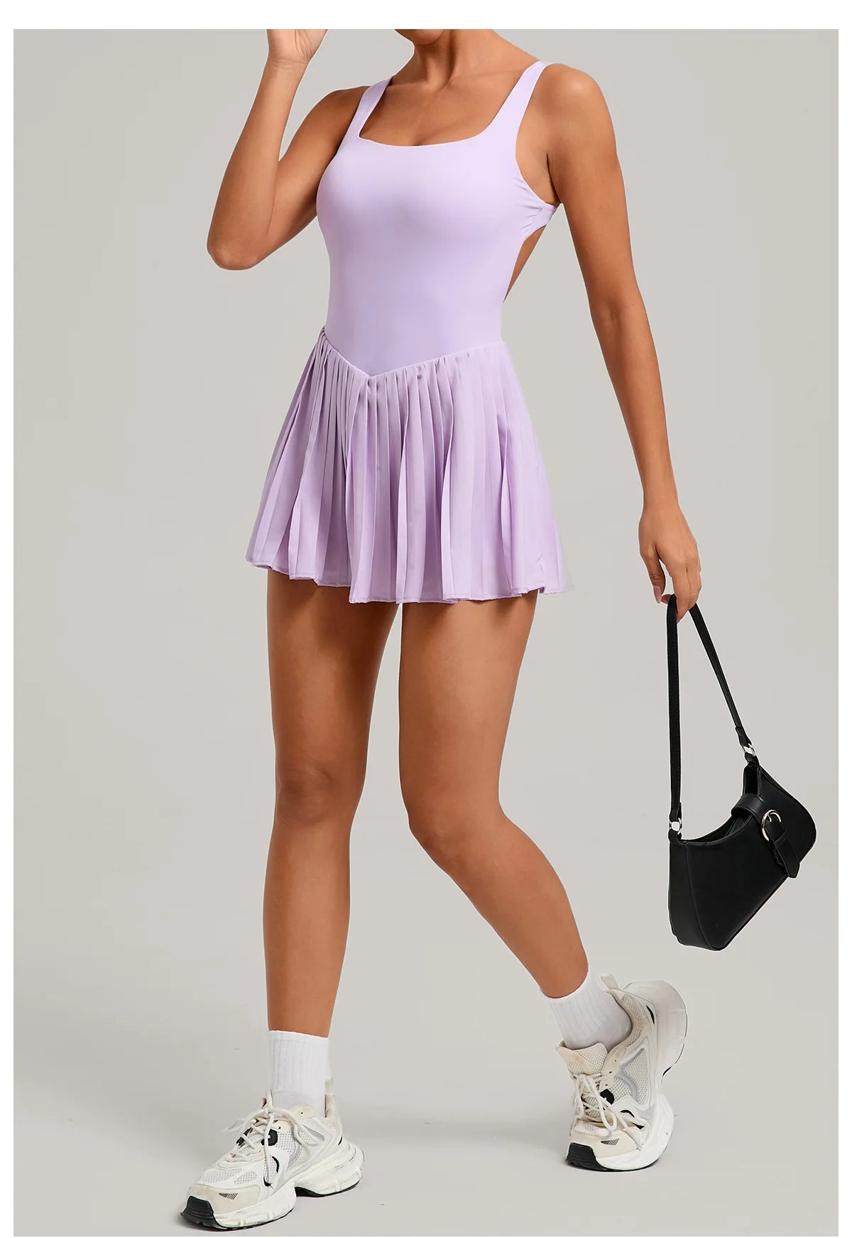 New Large Backless Tennis Dresses Women Solid Color Sleeveless Glare Pleated Yoga Skirt with Pocket Shorts Running Fitness Dress