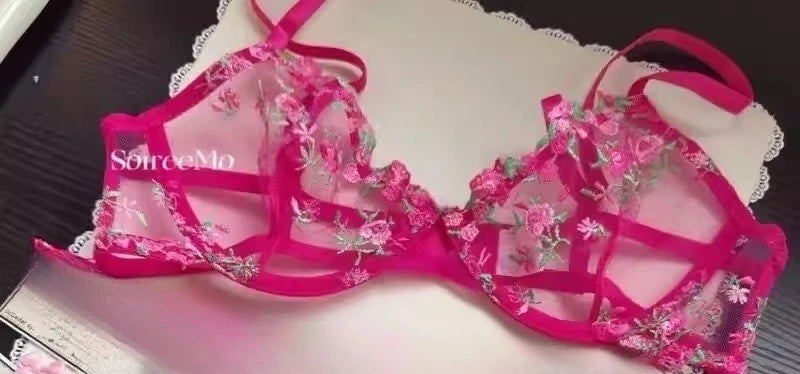 French Floral Bra Set Women | Sweet Sexy Sheer Mesh Lace, Transparent Underwear Set | Practical & Feminine MOYISU Sexy Panty Set