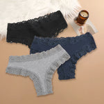 3Pcs Sexy Women Cotton Brazilian Pants Lace Brazilian Briefs Low Waist Floral Solid Color G-string Breathable Soft Lingerie