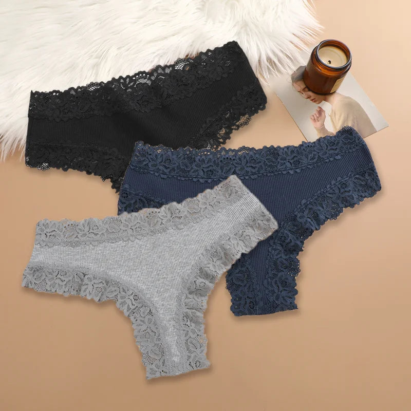 3Pcs Women Cotton Brazilian Pants Sexy Lace Brazilian Briefs Low Waist Floral Solid Color G-string Breathable Soft Lingerie