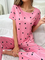 Women Pajamas Short Sleeved Pants Pajama Set Heart Printed Pajama For Spring Autumn Soft Comfortable Homewear Valentine's Pajama