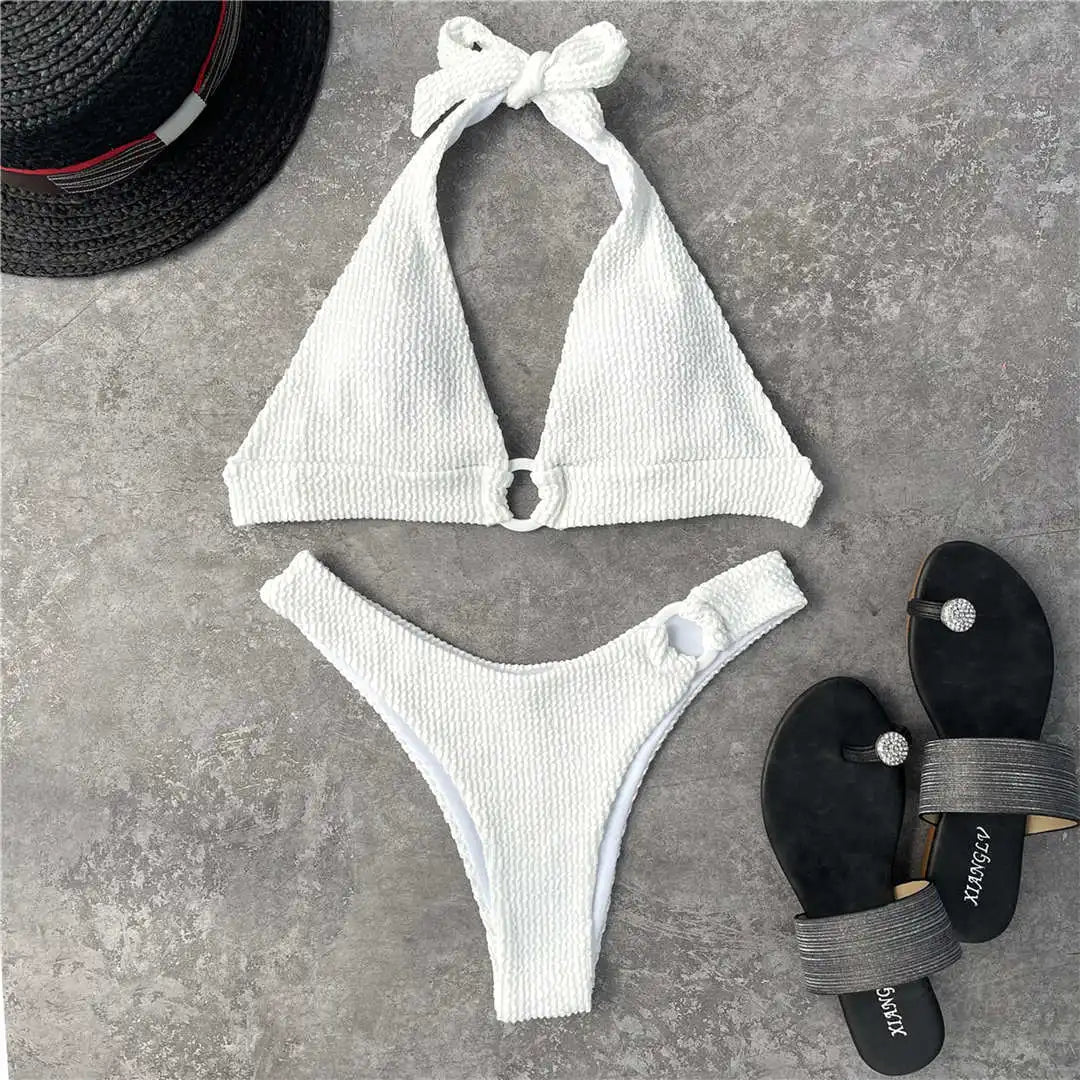 Halter Wrinkled Crinkled Bikini Women Swimwear Female Swimsuit Two-Pieces Bikini Set Brazilian Bather Bathing Suit Swim V2922