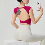 Women's Backless Fitness Clothes with Fixed Chest Pad Beautiful Top Short Sleeve Dance SportT-Shirt Yoga Wear