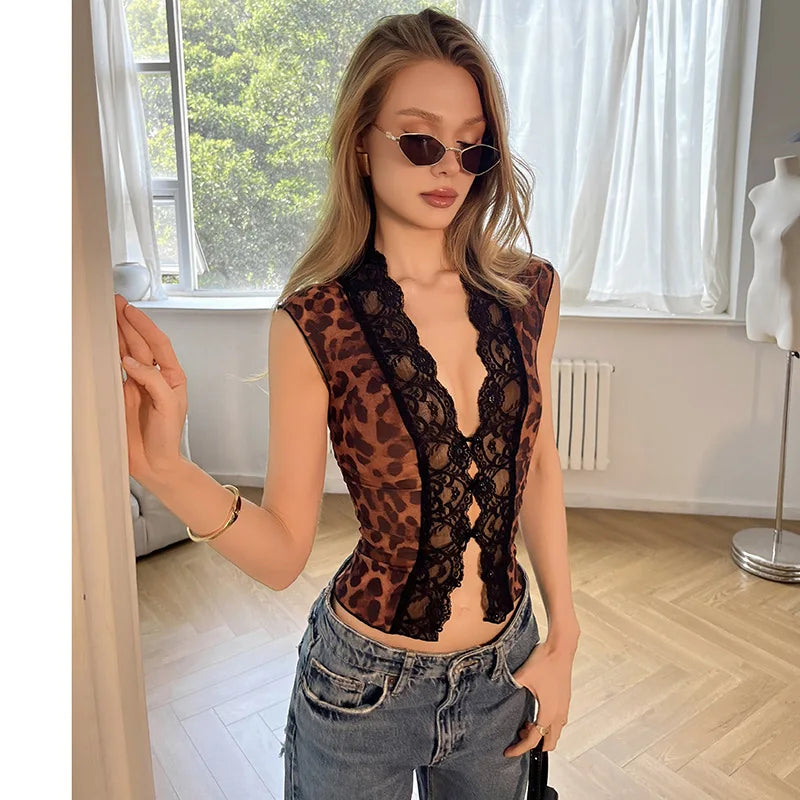 FDYOUI Women's Deep V-neck Lace Patchwork Mesh T-shirts 2026 Summer Sexy Sleeveless Buttons Leopard Tops Tee Shirt Streetwear