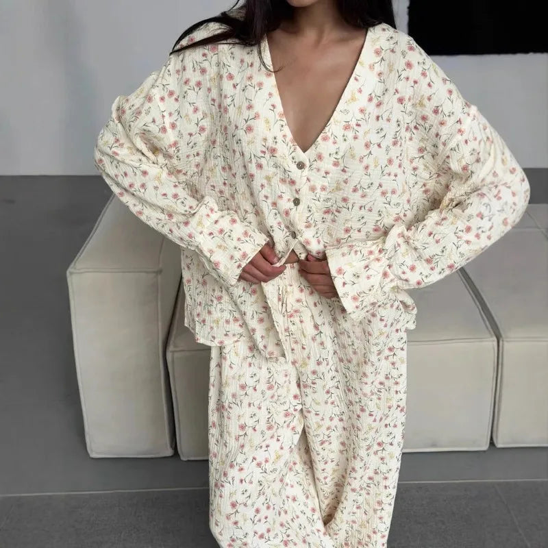 New 100% Cotton Printed Cardigan Pajama Set Women's New Autumn Long Sleeved Pants Pajamas Loose Home Clothing 2-piece Set 2026