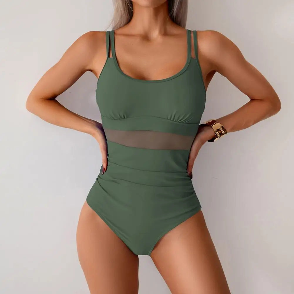 Women One-piece Swimsuit U-neck Sleeveless Backless Sexy Monokini Mesh Splicing Slim Fit Tummy Control Removable Pads Swimwear