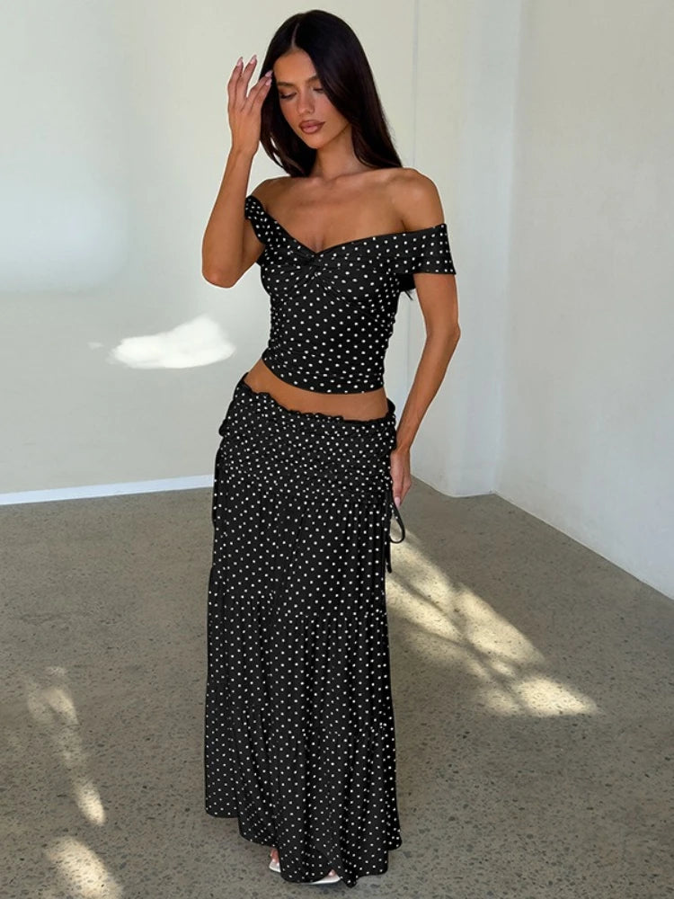 FDYOUI Woman Clothing Polka Dot Crop Tops and Lace-up Skirt Two Piece Sets Female Elegant Slash Neck Long Vacation Dresses Suit