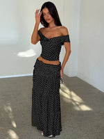 FDYOUI Woman Clothing Polka Dot Crop Tops and Lace-up Skirt Two Piece Sets Female Elegant Slash Neck Long Vacation Dresses Suit