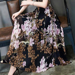 Summer Women Dress Floral Print A-line Big Hem High Waist Short Sleeves Round Neck Pleated Mid-calf Length Party Commute Dress