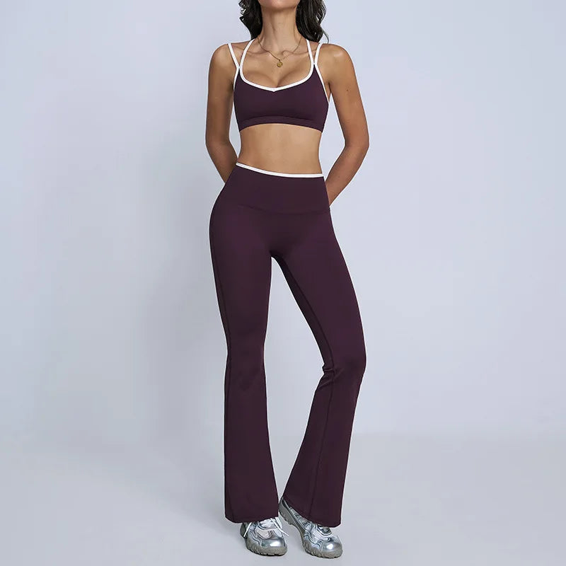 Tight Naked Yoga Shorts Suit Women Double Strap Sports Bra High Waist Flare Leggings Fitness Suit Gym Running Workout Clothes