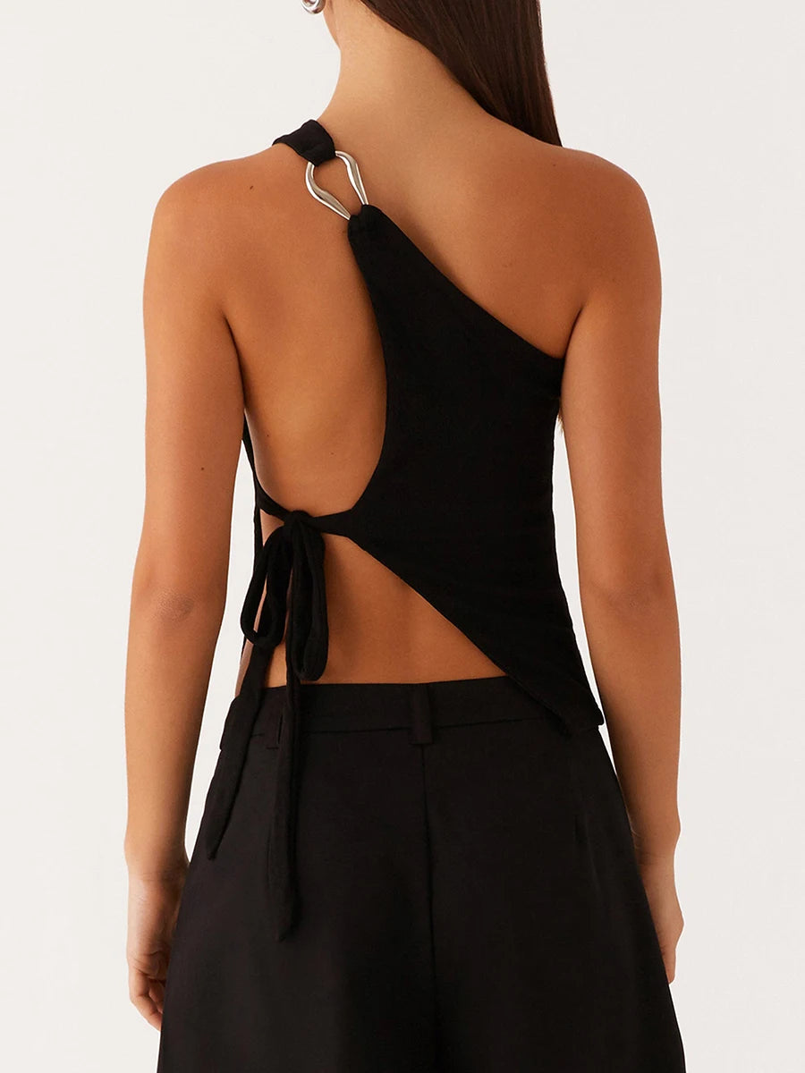 Women Off One Shoulder Tank Tops Solid Color Stylish Side Tie Design Vest Summer Fashion Streetwear
