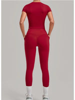 Women Tracksuit Yoga Sets Short Sleeve Slim Sports T Shirts Workout Clothes Outdoor Tight High Waist Pocket Pants Fitness Suits