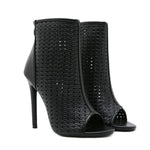 Big Size 42 Sexy Black Hollow Out Summer Boots Women Chic Peep Toe Thin High Heels Zip-up Ankle Boots Party Shoes