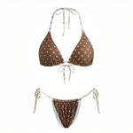 Women Summer 2 Pieces Bikini Swimsuits Dot Print Tie-Up Halter Neck Sleeveless Padded Bra Thong Bottoms Beach Bathing Suit Set