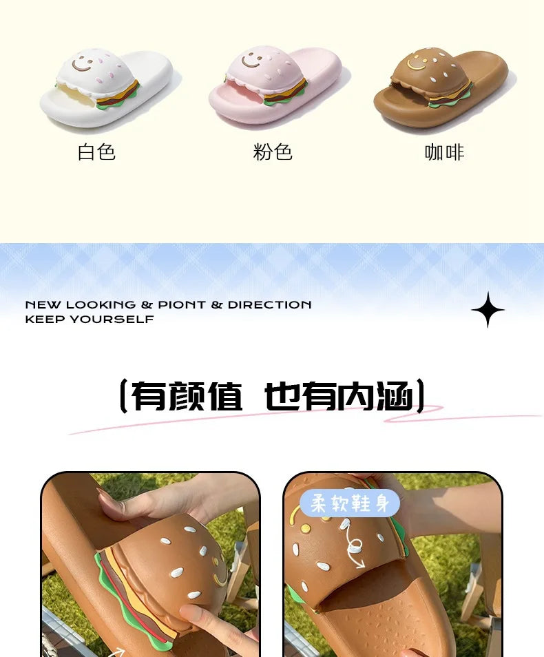 CartoonCutesy3D Sesame Burger Slippers for Women, Summer Outdoor & Home Wear, Anti-Slip Thick Soles, Flat Back Slides,Flip Flops