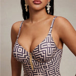 S - XL Printed Underwired V Neck Women Swimwear One Piece Swimsuit Female Lace Up High Leg Cut Bather Bathing Suit Swim V7552
