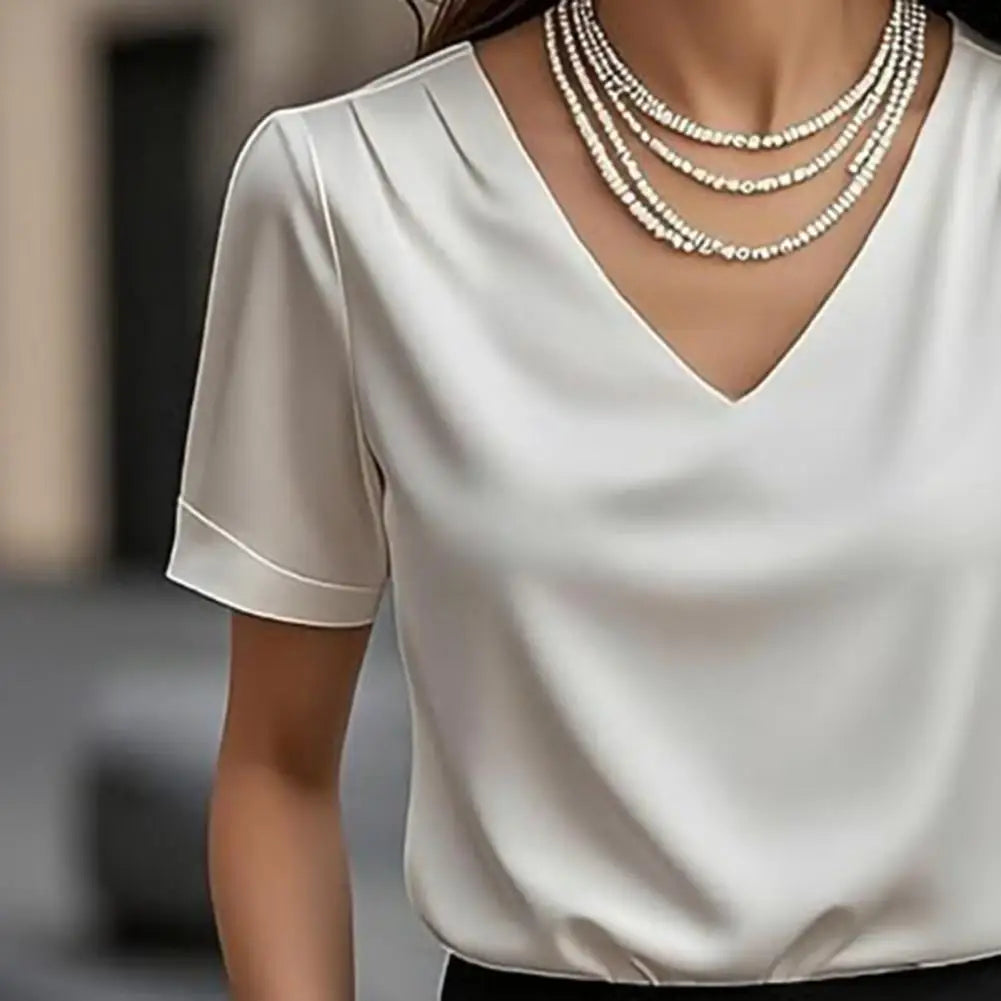 Women T-shirt Solid Color Loose Fit Smooth Satin V-Neck Short Sleeve Tops Ladies Summer Casual Tee Shirt Daily Wear