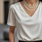 Women T-shirt Solid Color Loose Fit Smooth Satin V-Neck Short Sleeve Tops Ladies Summer Casual Tee Shirt Daily Wear