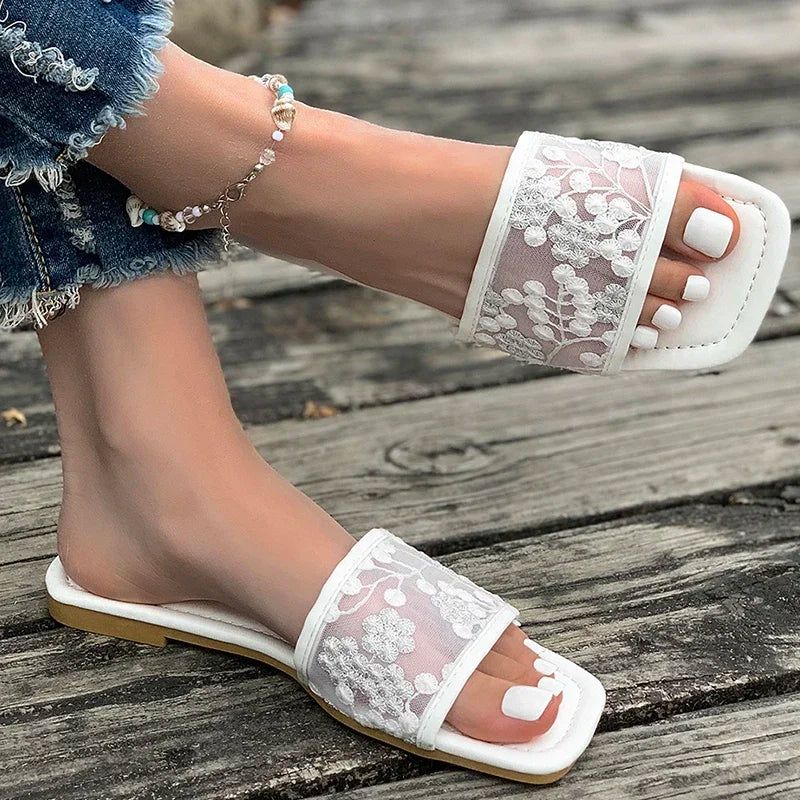 Retro Embroider Low Heel Slippers Women Summer Square Toe Slip On Slides Woman New Anti-Slip Beach Pu Leather Slippers Mujer