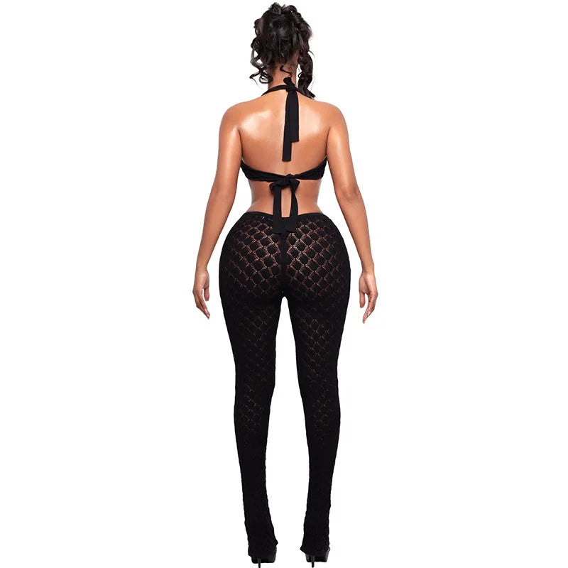 Sexy hot girl solid color see-through slim fit knitted deep V jumpsuit