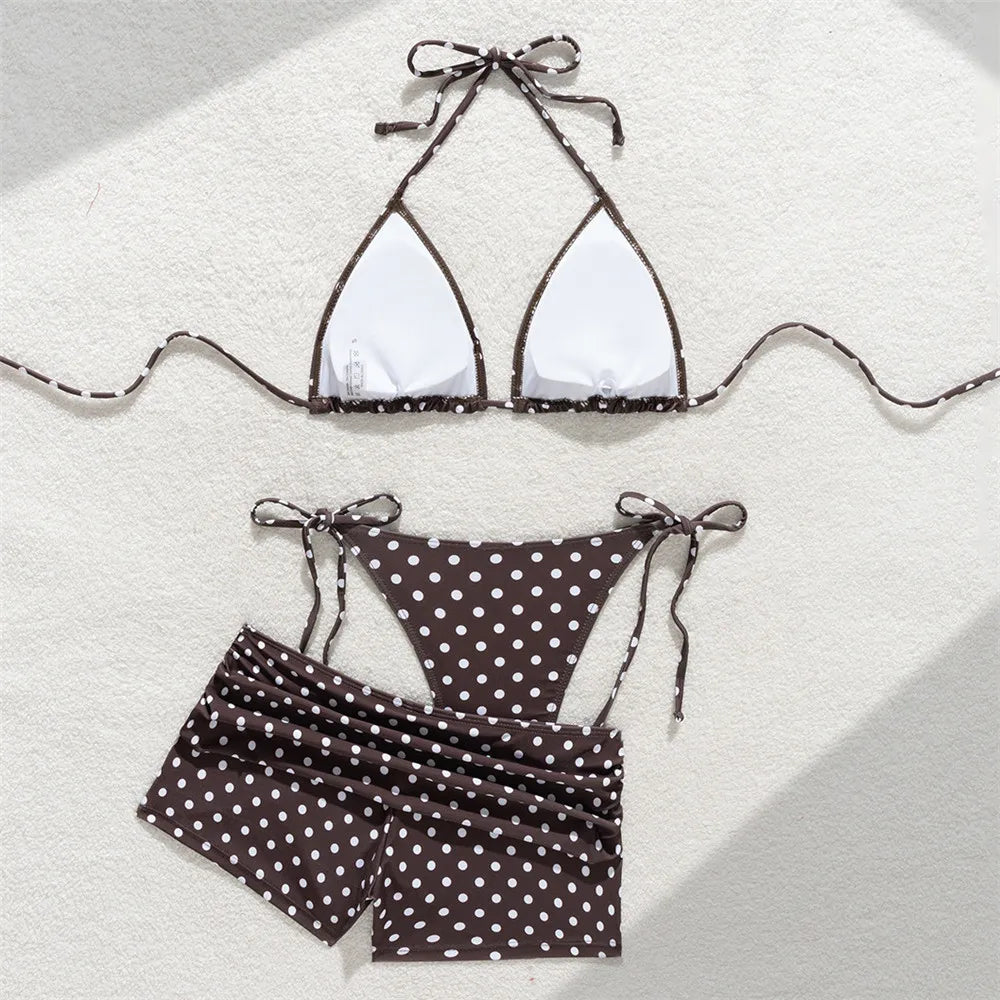 White Dot Print Micro Thong 3 Piece Bikinis Sets Bottoms Shorts Swimwear Sexy Swimsuit Woman 2026 Halter String Triangle Bikini