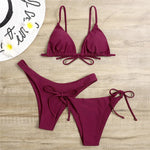 Sexy 3 Piece Bikini Set Women Solid Blue Purple Push Up Bandage Triangle Swimsuit Brazilian Beach Bathing Suit Swumwear Biquini
