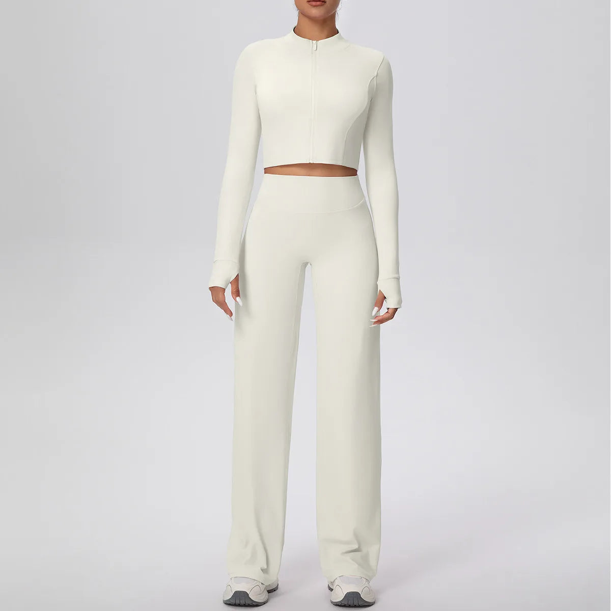 2 Pcs Women's Seamless Yoga Set Long-sleeved Wide-leg Pants Tracksuit Fitness Sports Set High-waisted Hip-lifting Slim-fit Suit
