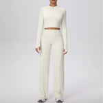 2 Pcs Women's Seamless Yoga Set Long-sleeved Wide-leg Pants Tracksuit Fitness Sports Set High-waisted Hip-lifting Slim-fit Suit